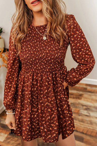 knee length dresses for ladies Ditsy Floral Smocked Balloon Sleeve Mini Dress Caramel / S