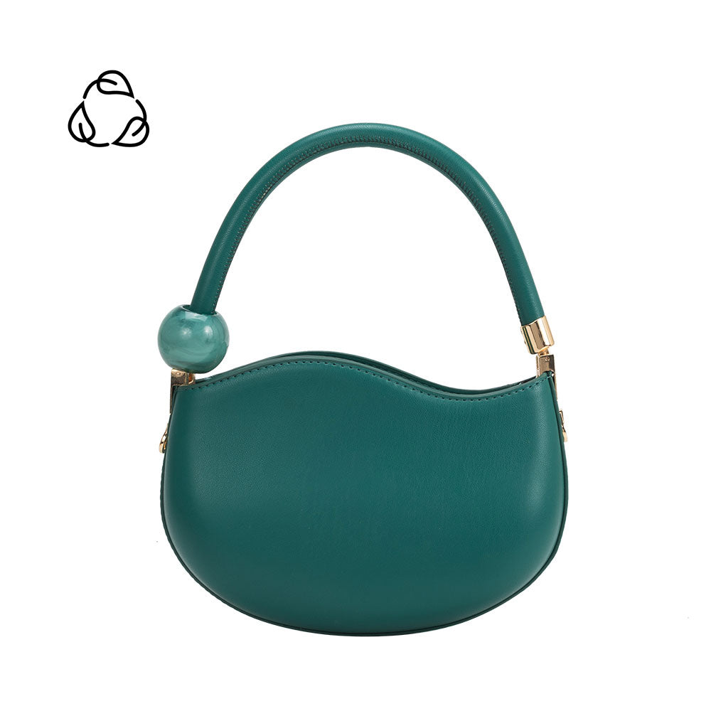 A small jade structured vegan leather crossbody bag with a marble pearl accessory.