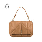 A camel quilted vegan leather crossbody bag with gold hardware. 