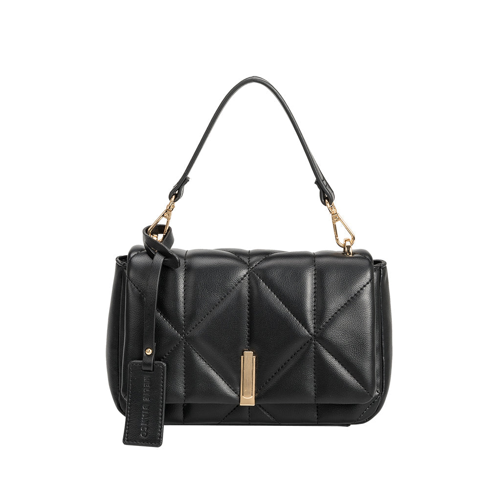 A black quilted vegan leather crossbody bag with gold hardware. 