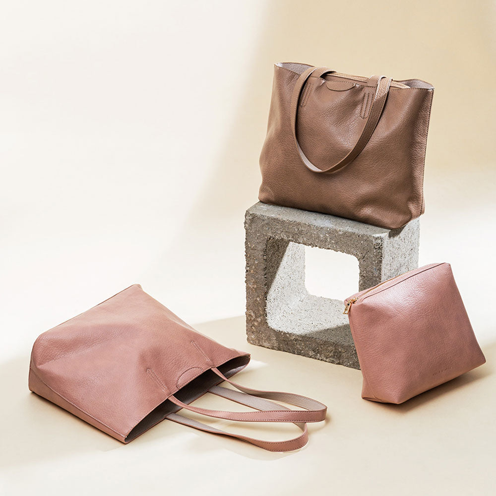 Melie Bianco Luxury Vegan Leather Denise Large Tote Bag in Taupe and Blush