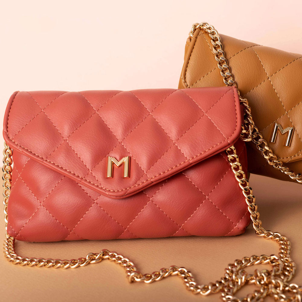 Melie Bianco Luxury Vegan Leather Gigi Clutch Bag in Rose and Camel with gold chain