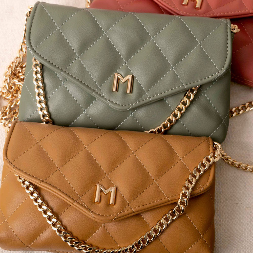 Melie Bianco Luxury Vegan Leather Gigi Clutch Bag in Sage, Camel, and Rose with gold chain