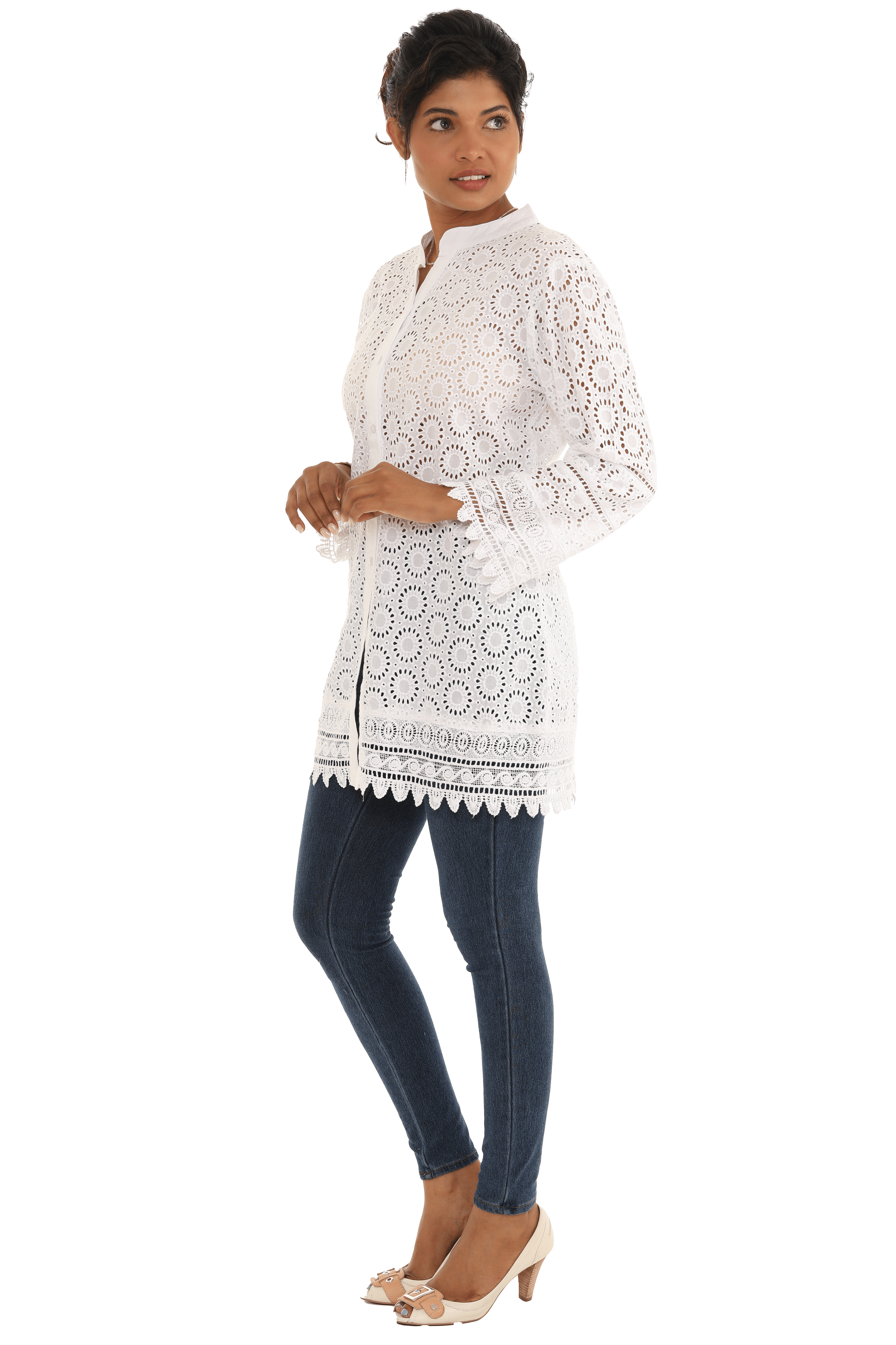 Eyelet Sheer Three-Quarter Sleeve Tunic - Shoreline Wear, Inc.