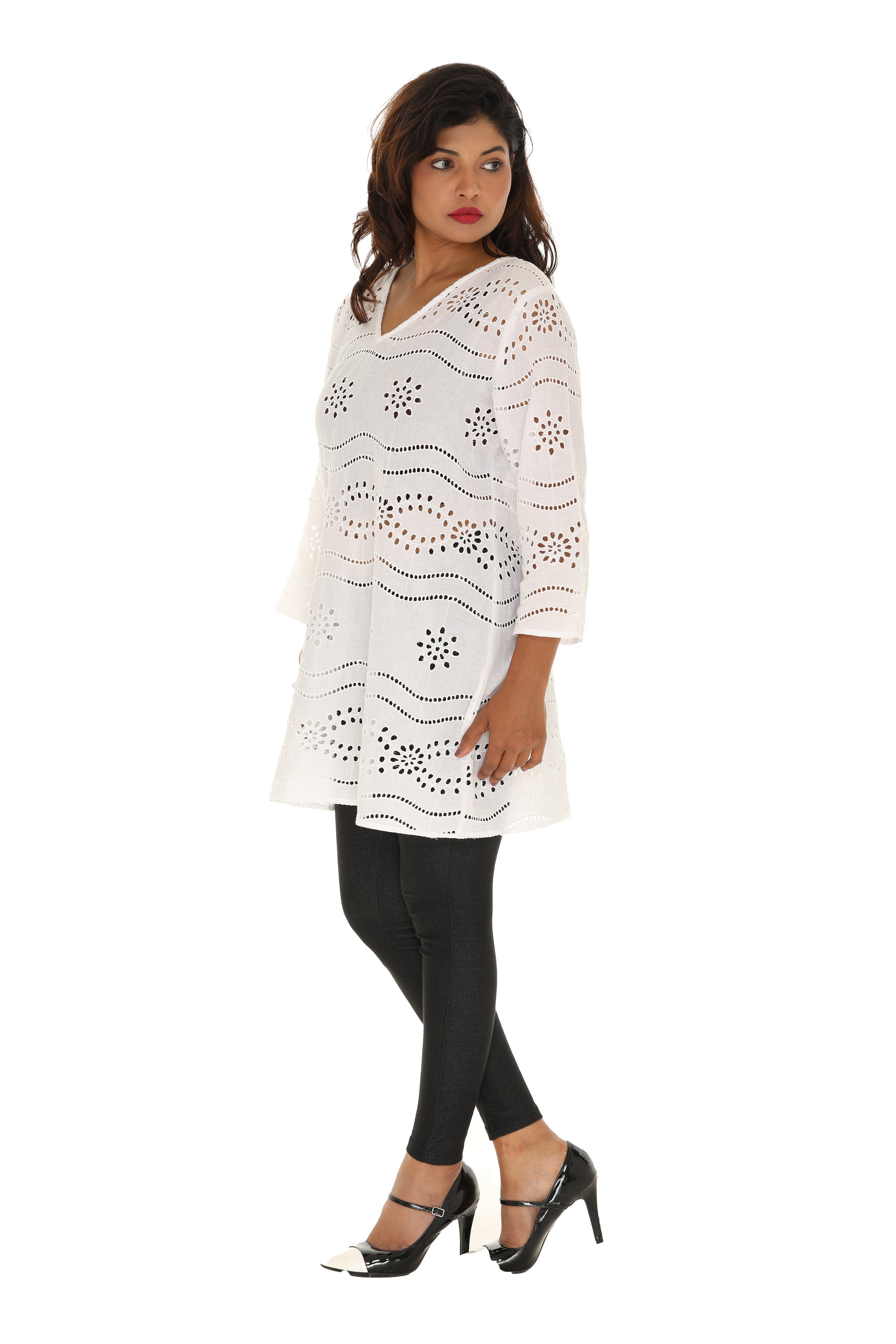 Eyelet Fabric V-neck & Three Quarters Sleeves Tunic - Shoreline Wear, Inc.