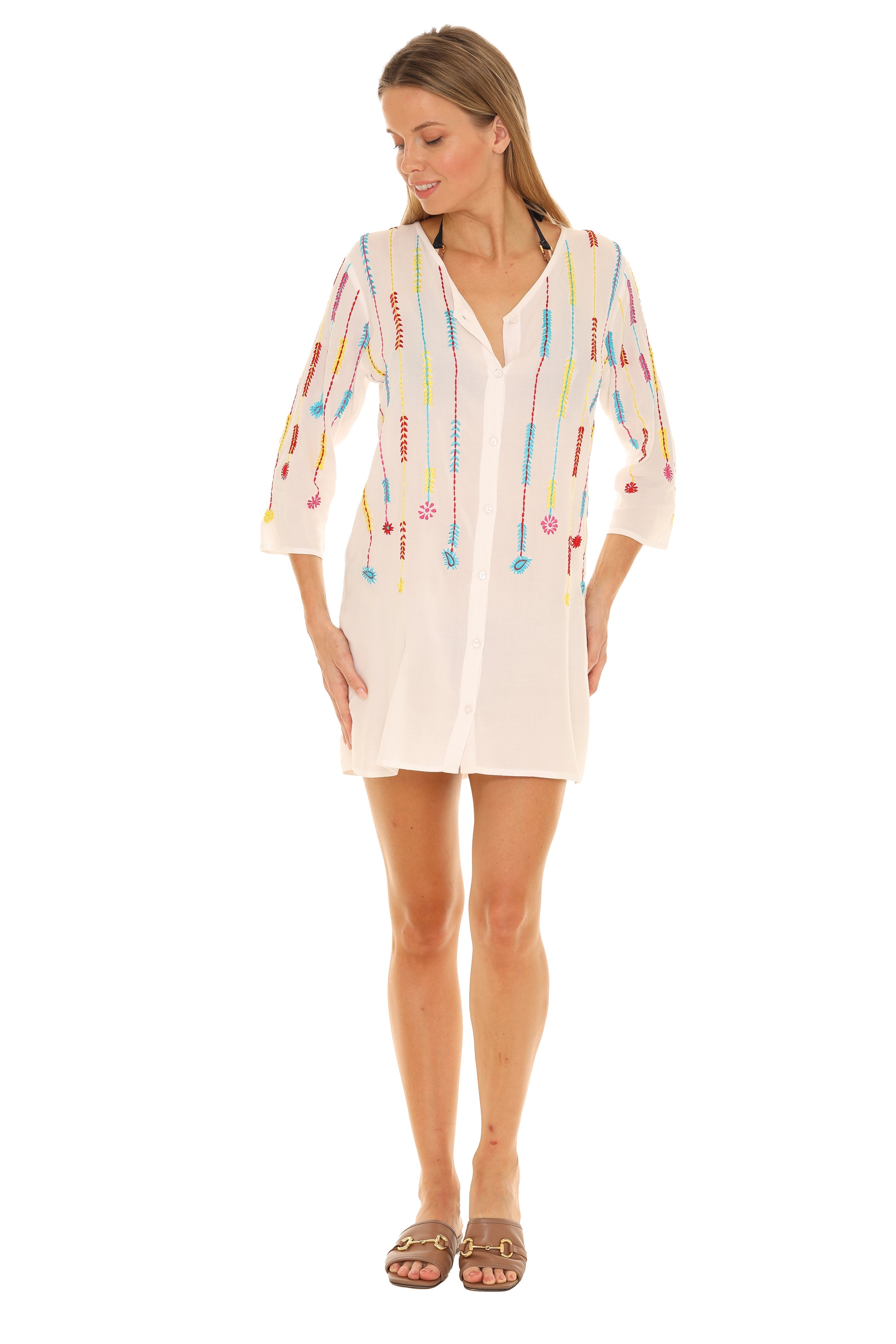 Floral & Leaf Embroidered Three-Quarter Sleeve Button-Up Tunic - Shoreline Wear, Inc.