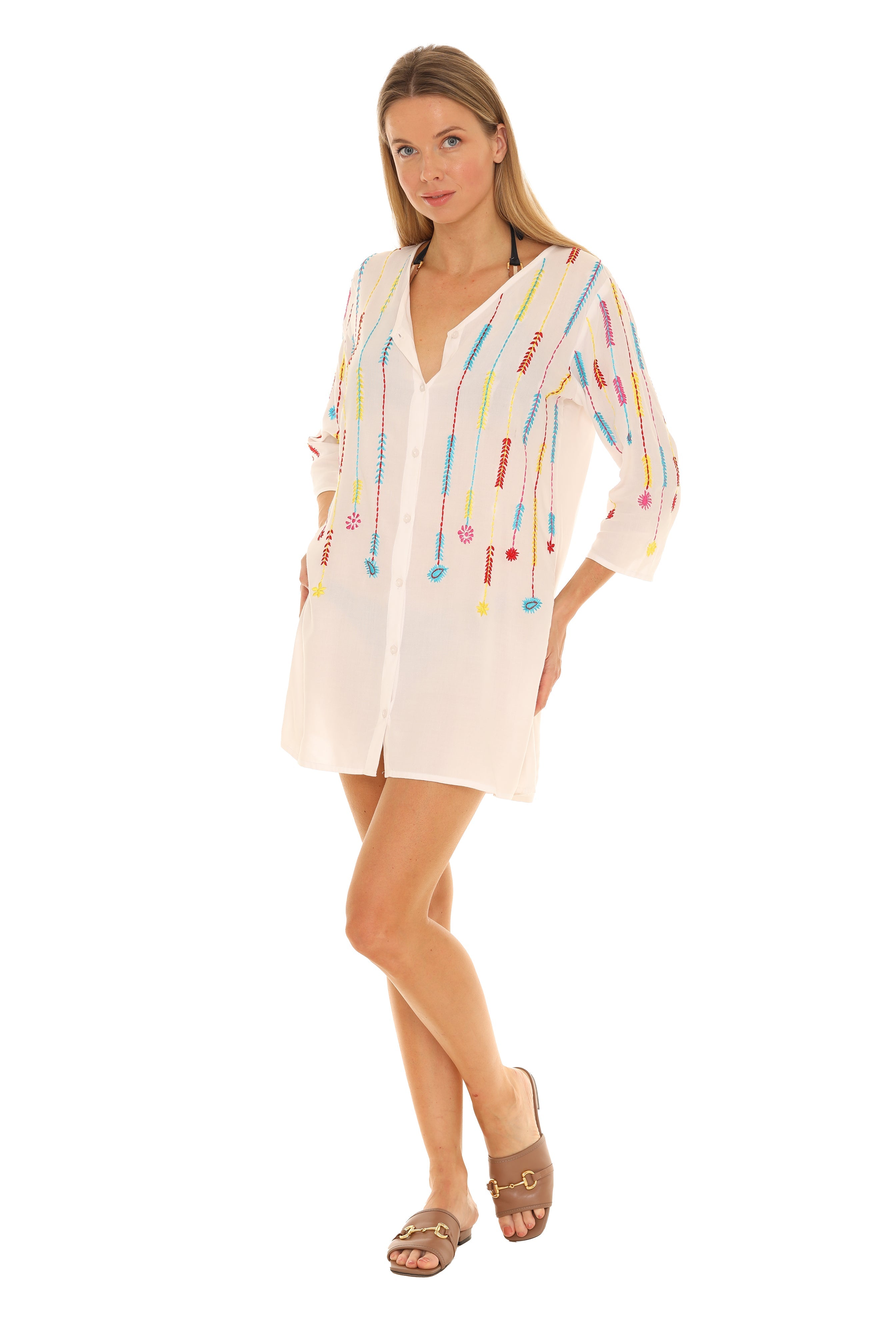 Floral & Leaf Embroidered Three-Quarter Sleeve Button-Up Tunic - Shoreline Wear, Inc.