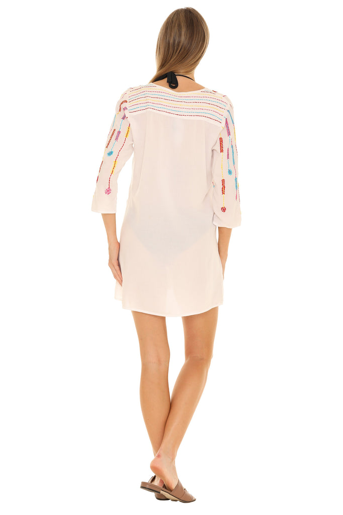 Floral & Leaf Embroidered Three-Quarter Sleeve Button-Up Tunic - Shoreline Wear, Inc.