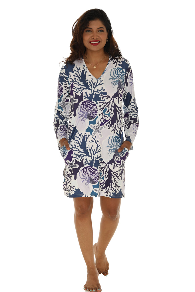 Blue Coral reef V-neck print (UPF) dress - Shoreline Wear, Inc.
