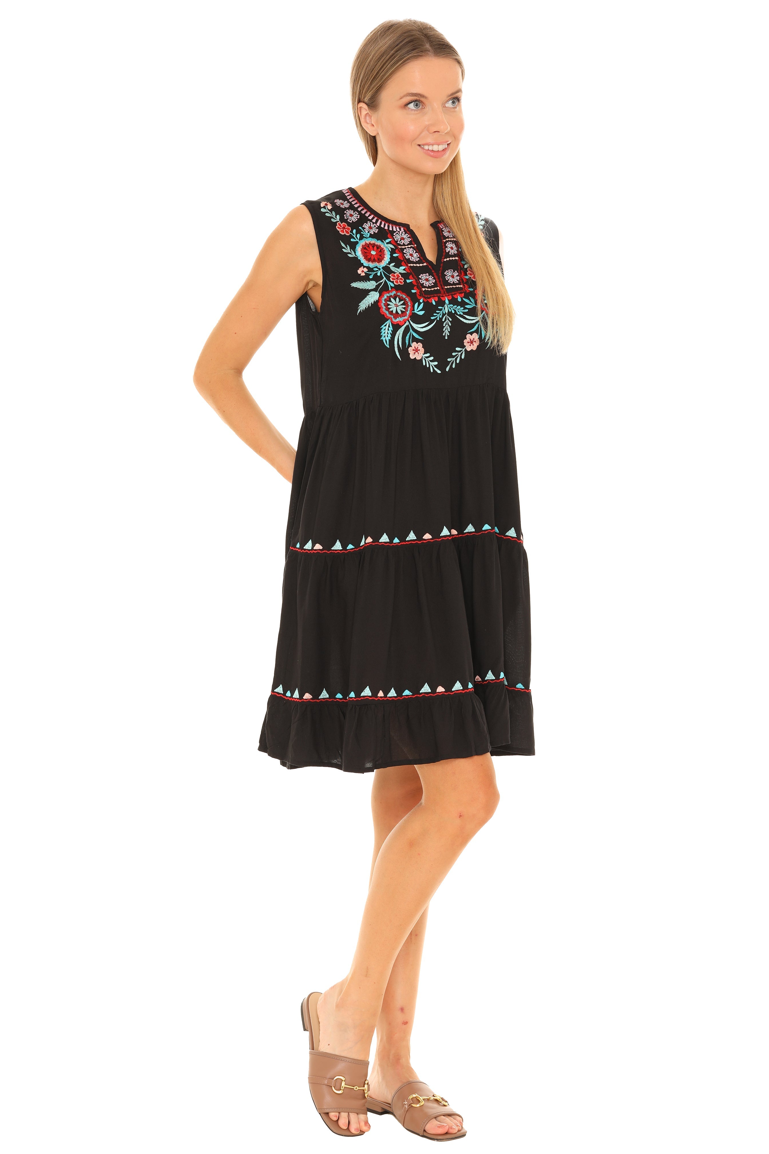 Black & Multi Floral Embroidered Dress - Shoreline Wear, Inc.