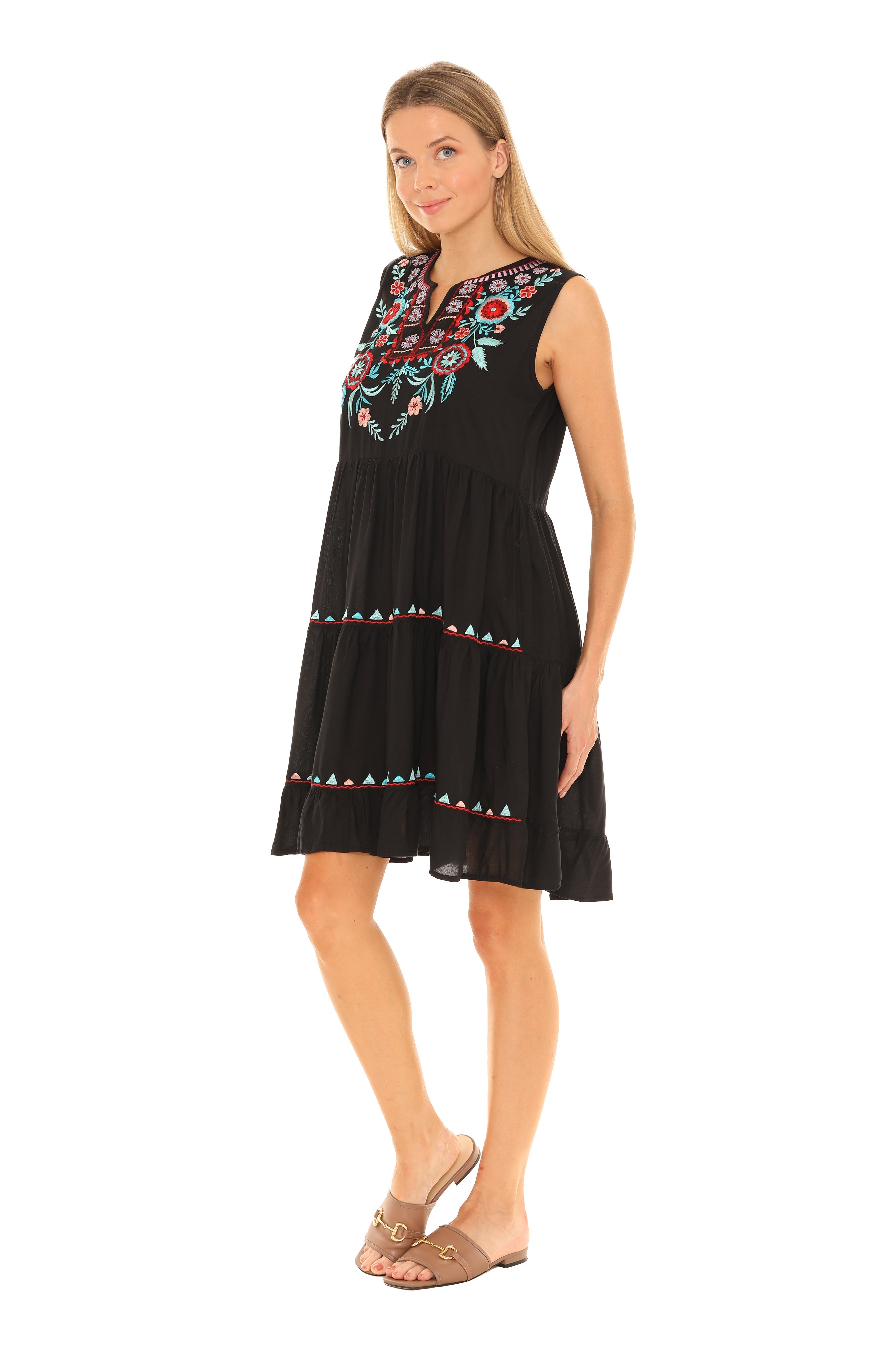 Black & Multi Floral Embroidered Dress - Shoreline Wear, Inc.