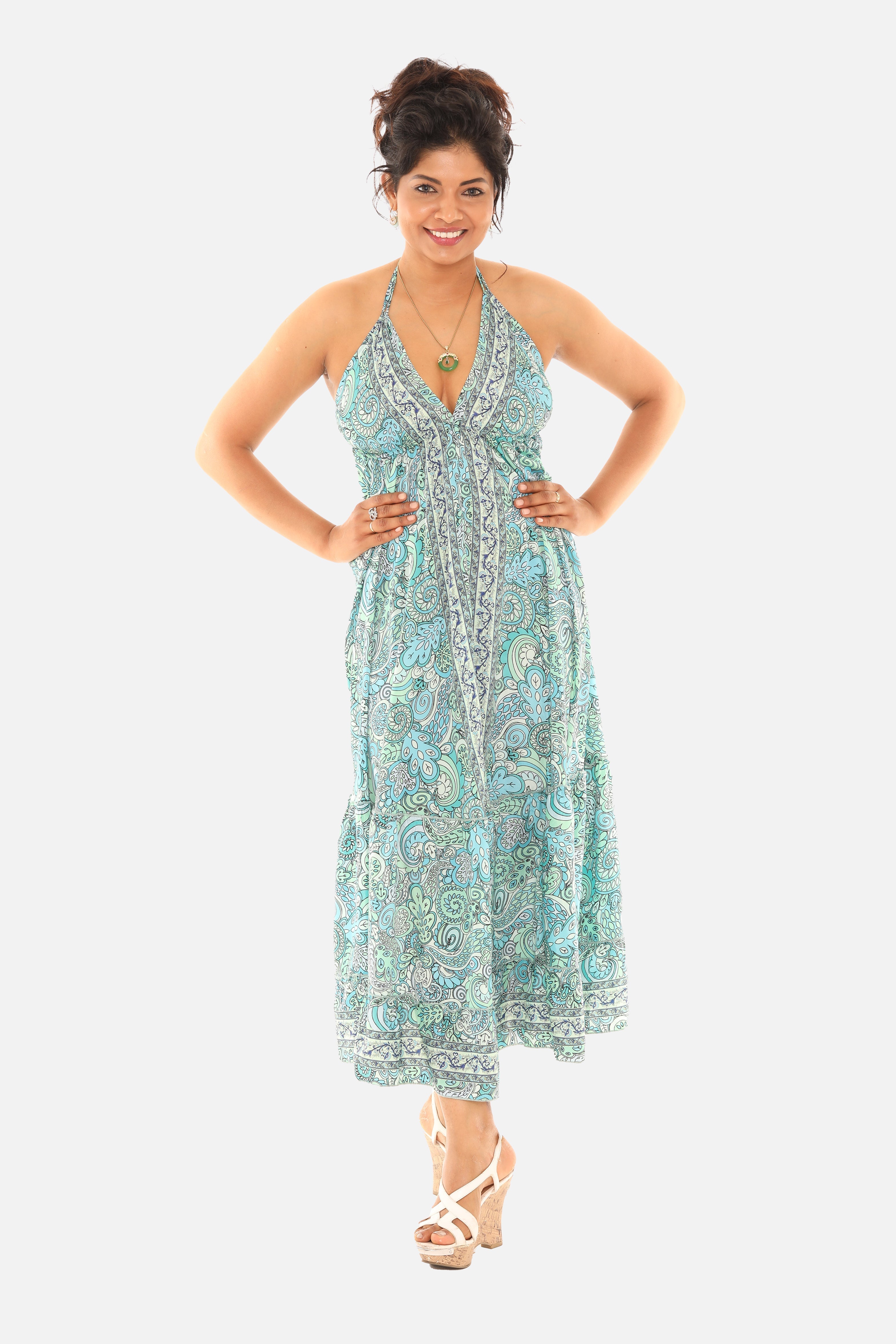Printed Long Halter Dress with Back Ties.