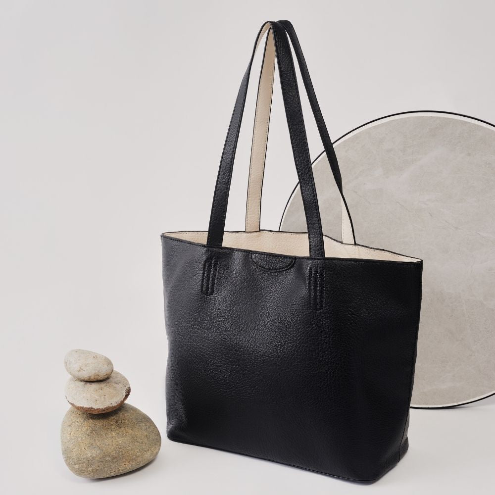 Melie Bianco Denise Large Reversible Luxury Vegan Leather Tote Bag in Black