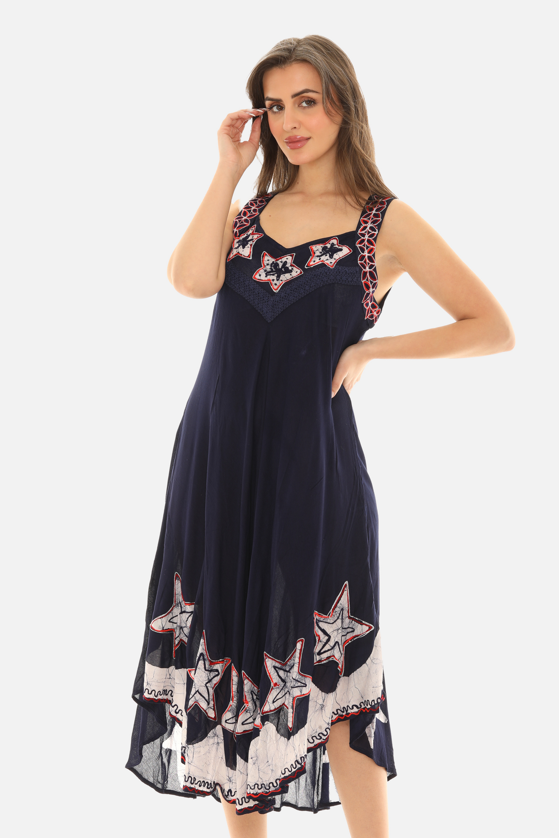 Sleeveless Midi Dress with Embroidered Star Motif 5X / Navy