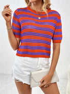 Openwork Striped Round Neck Short Sleeve Knit Top - Charming Charlie