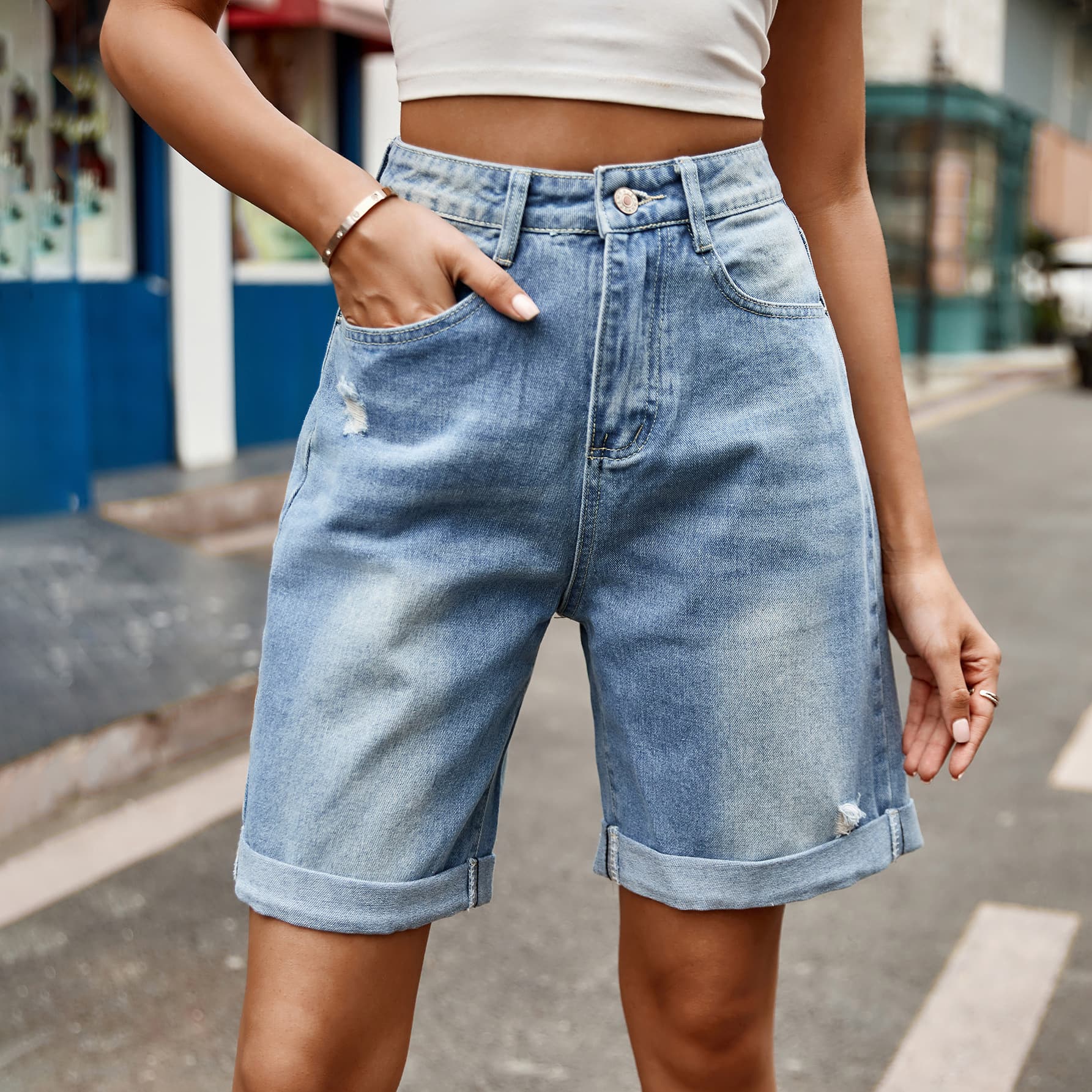 Distressed Buttoned Denim Shorts with Pockets – Charming Charlie
