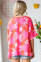 First Love Slit Printed Round Neck Half Sleeve Blouse - Charming Charlie