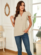 Swiss Dot Notched Cap Sleeve Blouse - Charming Charlie