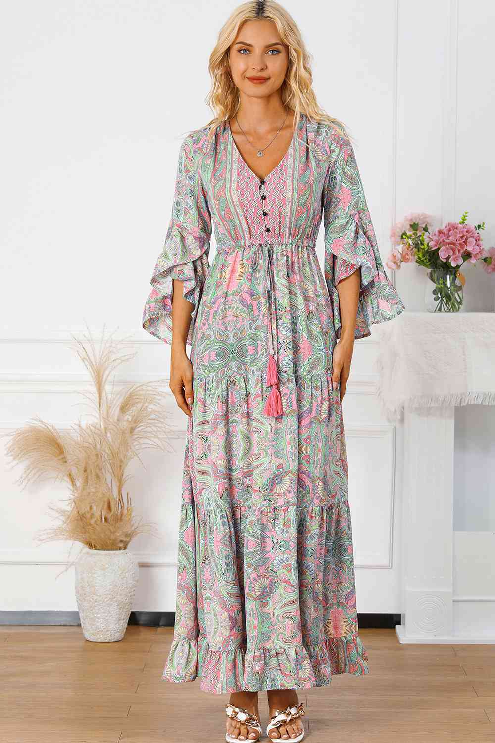 Printed Tassel Tie V-Neck Tiered Dress - Charming Charlie