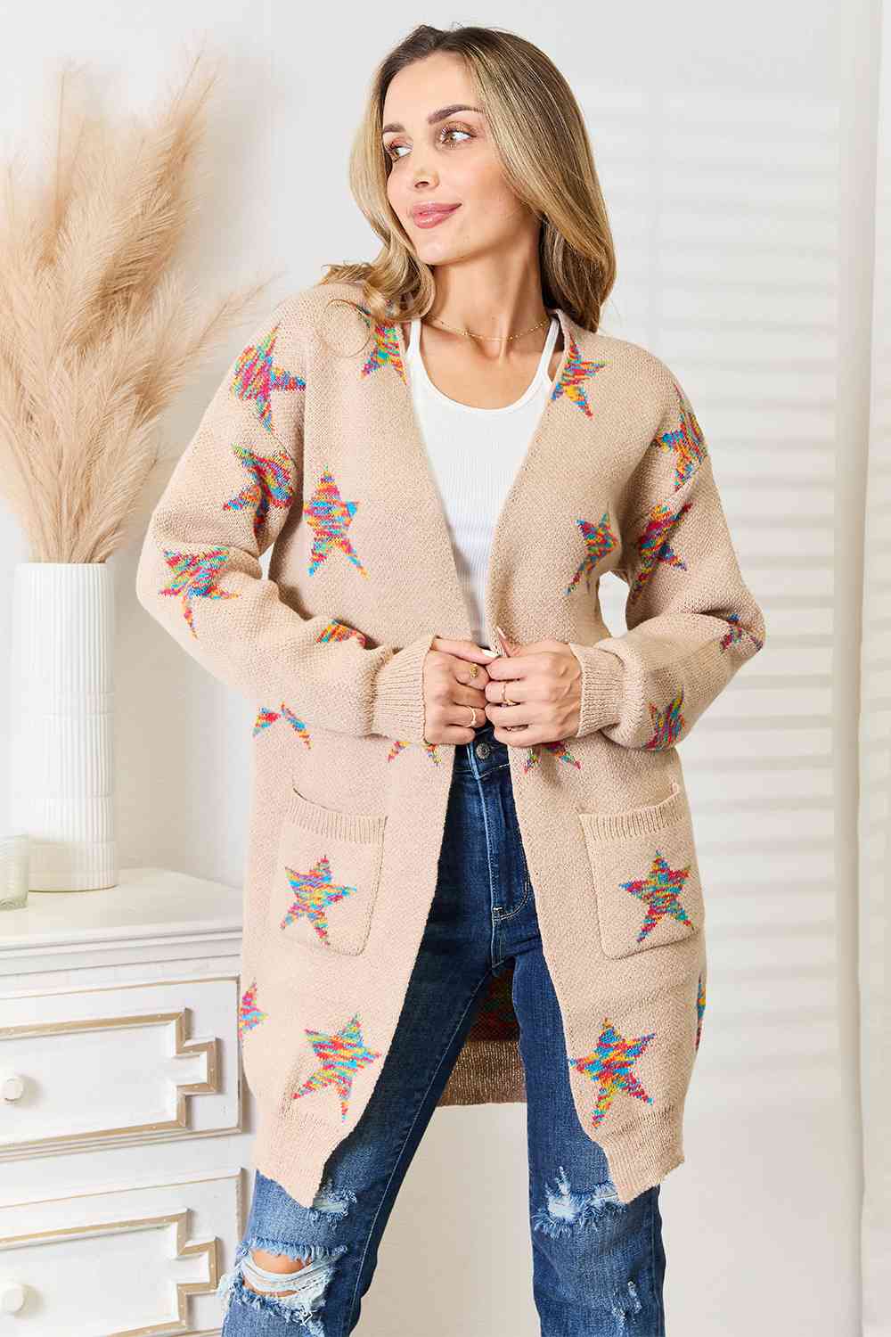Double Take Star Pattern Open Front Longline Cardigan - Charming Charlie