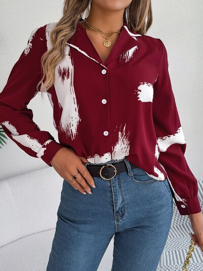Printed Collared Neck Button Up Shirt - Charming Charlie