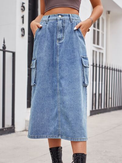 Slit Buttoned Denim Skirt with Pockets - Charming Charlie
