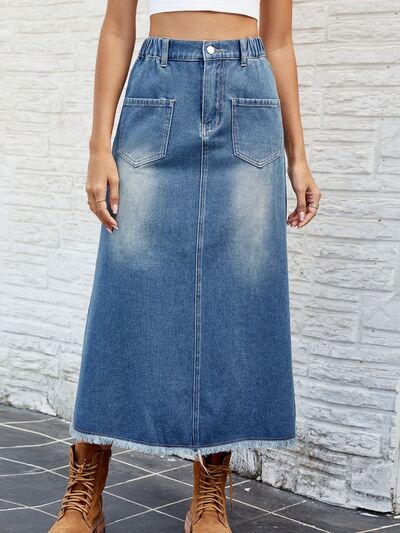 Raw Hem Buttoned Denim Skirt with Pockets - Charming Charlie