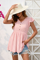Decorative Button V-Neck Cap Sleeve Blouse - Charming Charlie