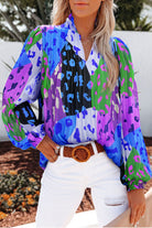 Printed Notched Long Sleeve Blouse - Charming Charlie