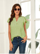 Swiss Dot Notched Cap Sleeve Blouse - Charming Charlie