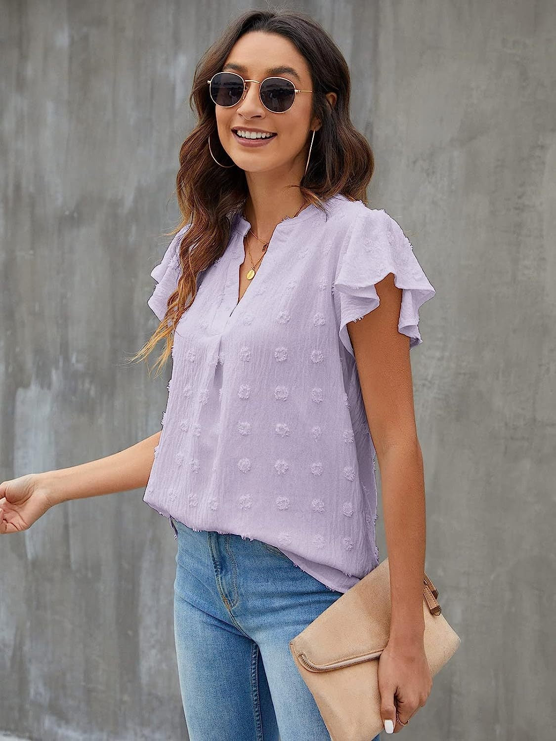 Swiss Dot Notched Cap Sleeve Blouse - Charming Charlie
