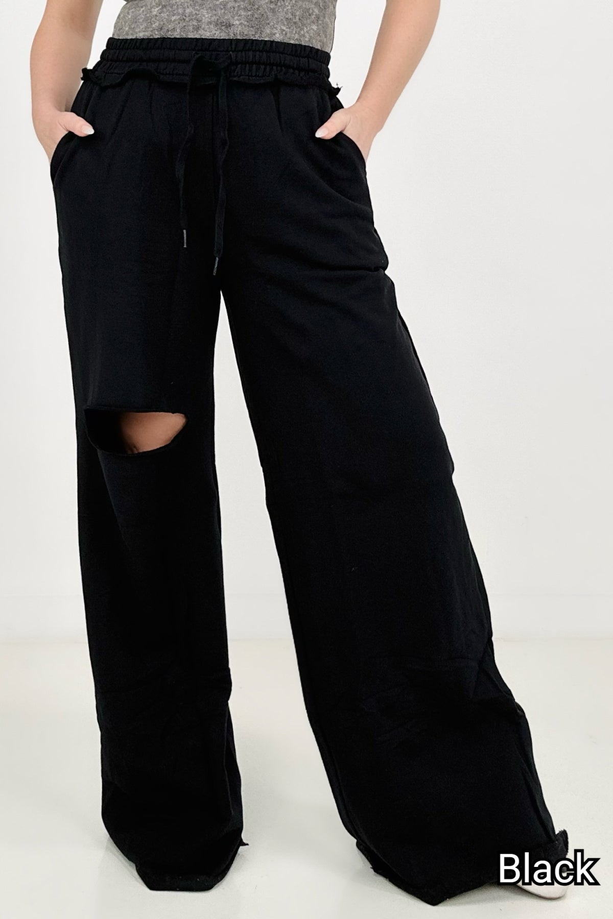 Zenana Womens Lounge Pants Plus 1X Black Wide Leg Distressed