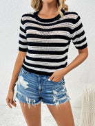 Openwork Striped Round Neck Short Sleeve Knit Top - Charming Charlie