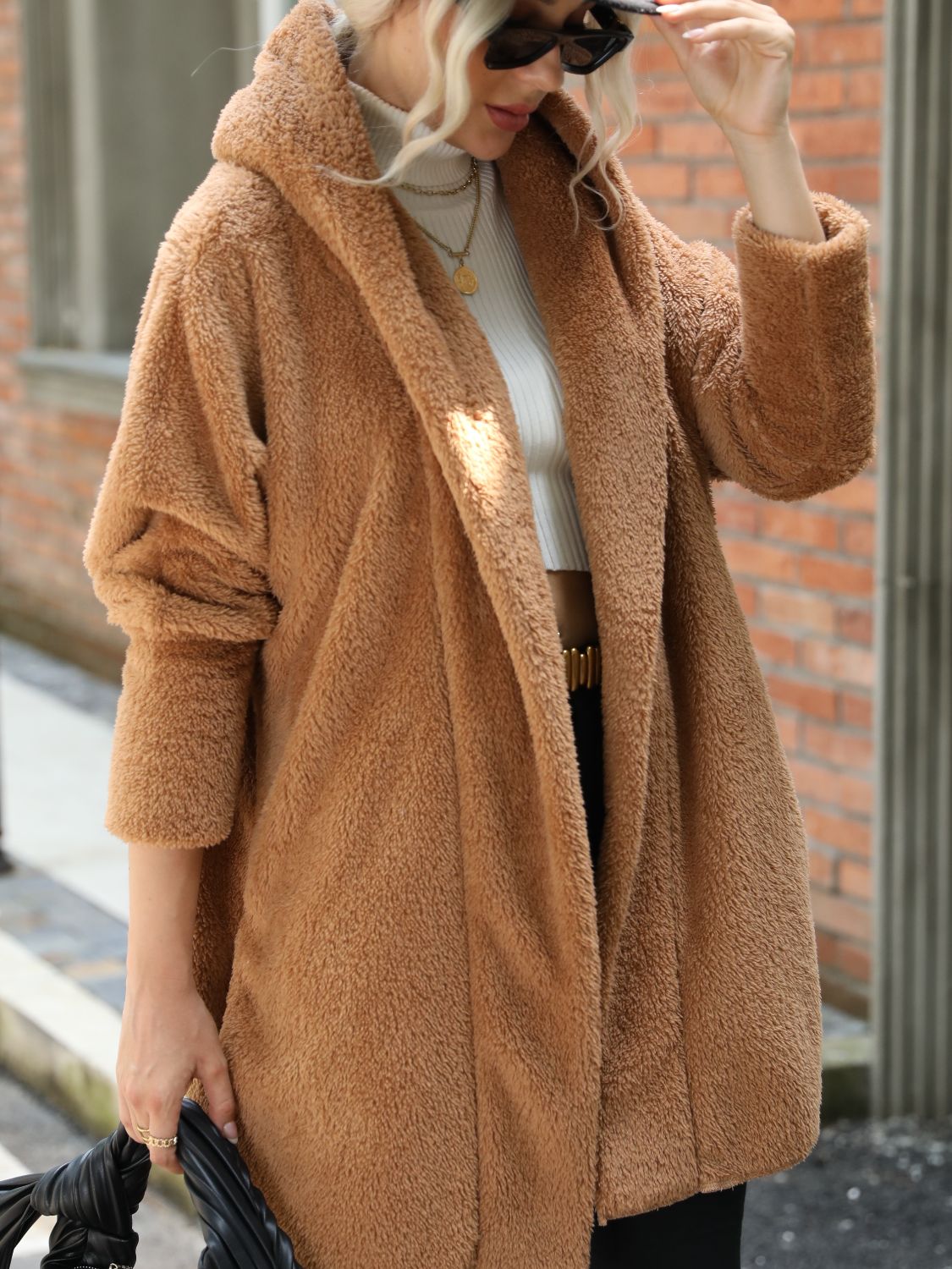 Hooded open sale front teddy coat