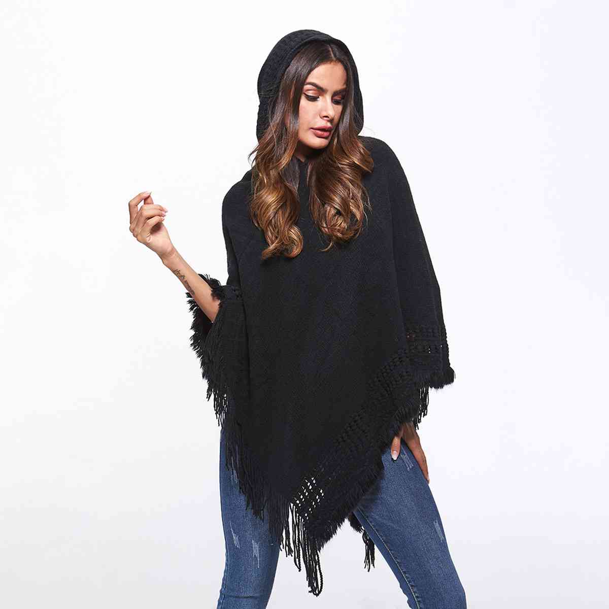 Openwork Fringe Hem Hooded Poncho – Charming Charlie