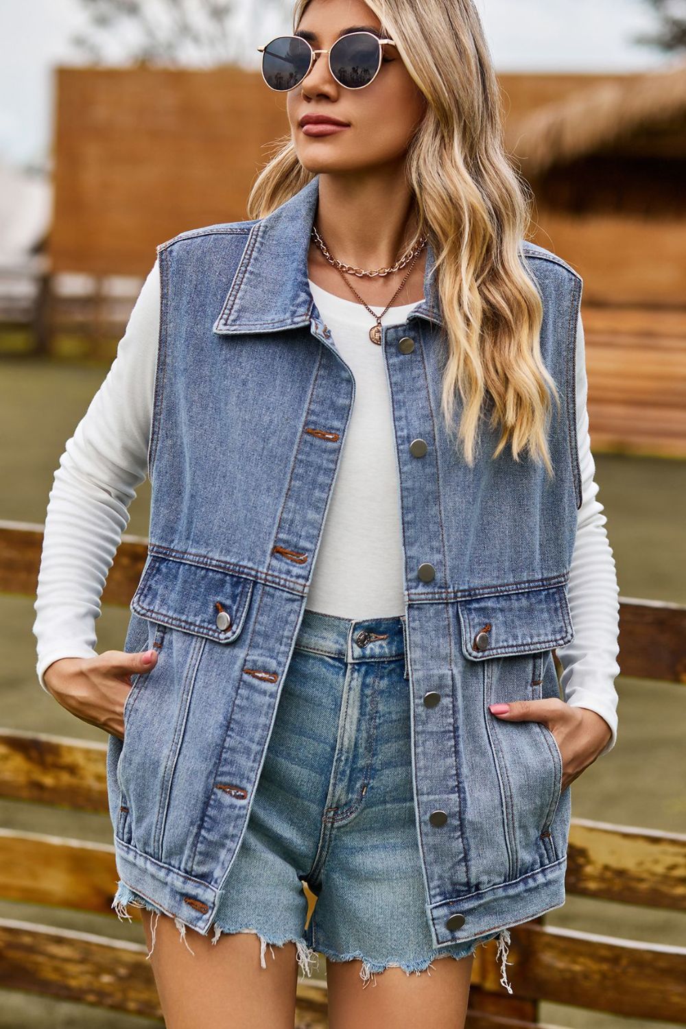 Pocketed Button Up Sleeveless Denim Top