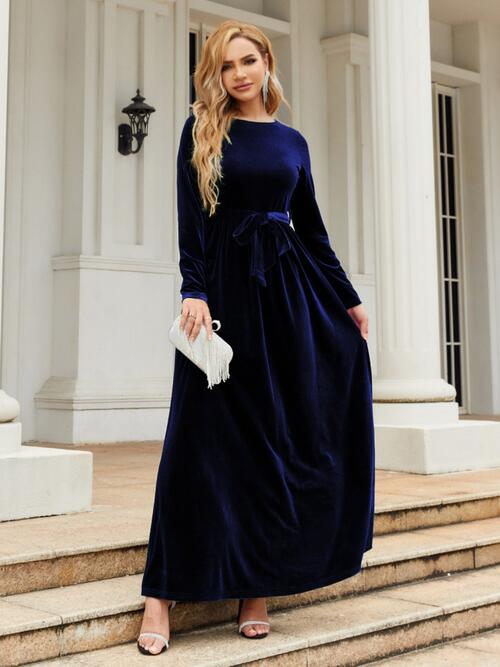 Tie Front Round Neck Long Sleeve Maxi Dress Navy / S
