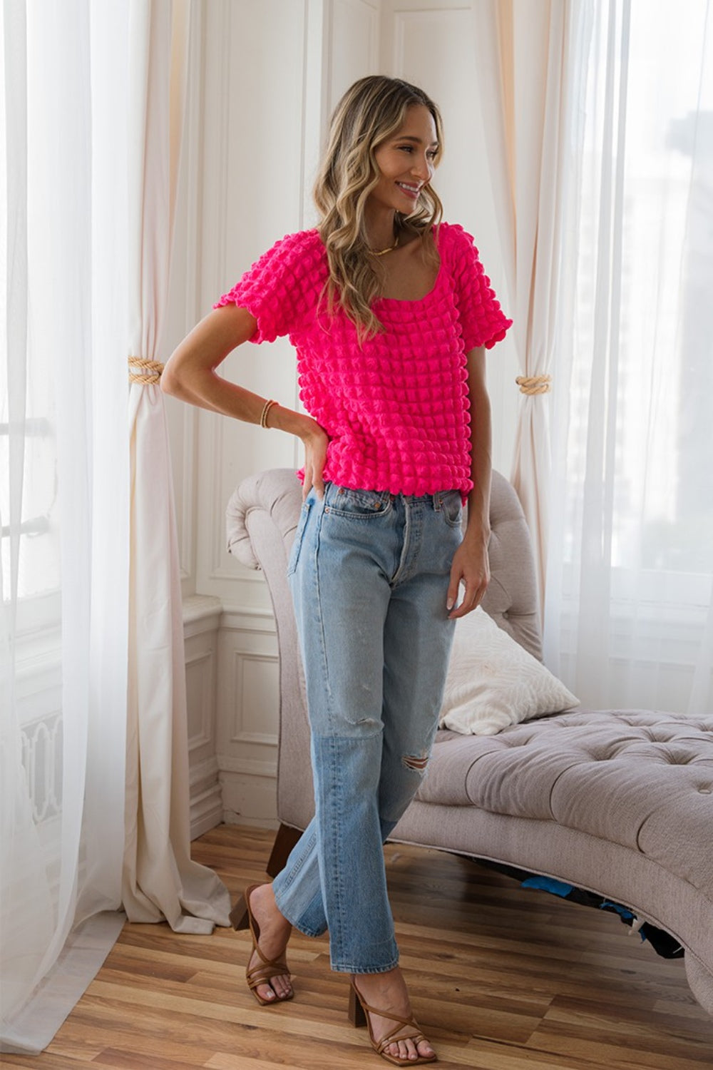 Sew In Love Bubble Textured Round Neck Short Sleeve T-Shirt - Charming Charlie