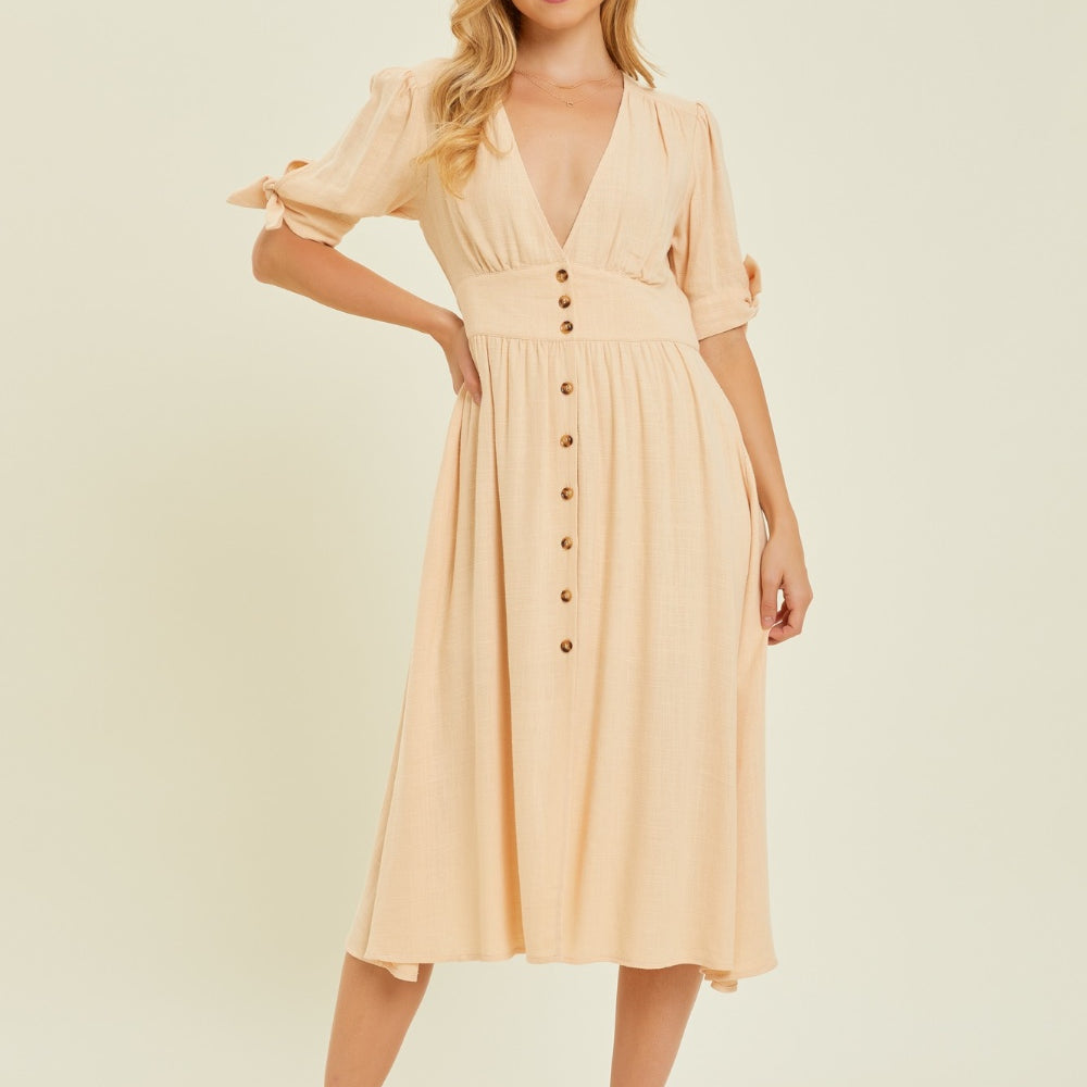 HEYSON Full Size Textured Linen V-Neck Button-Down Midi Dress Charming Charlie HEYSON Full Size Textured Linen V-Neck Button-Down Midi Dress Charming Charlie