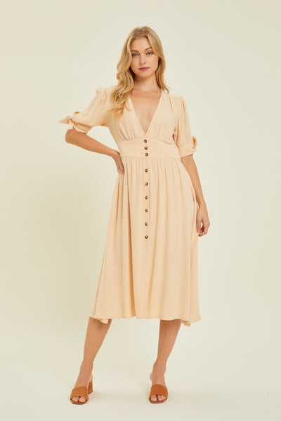 HEYSON Full Size Textured Linen V-Neck Button-Down Midi Dress – Charming  Charlie