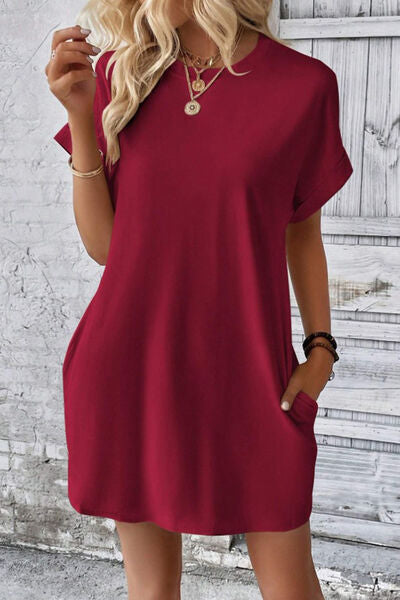 Wholesale MOQ6 Pocketed Round Neck Short Sleeve Dress Wholesale MOQ6 Pocketed Round Neck Short Sleeve Dress