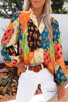 Printed Notched Long Sleeve Blouse - Charming Charlie