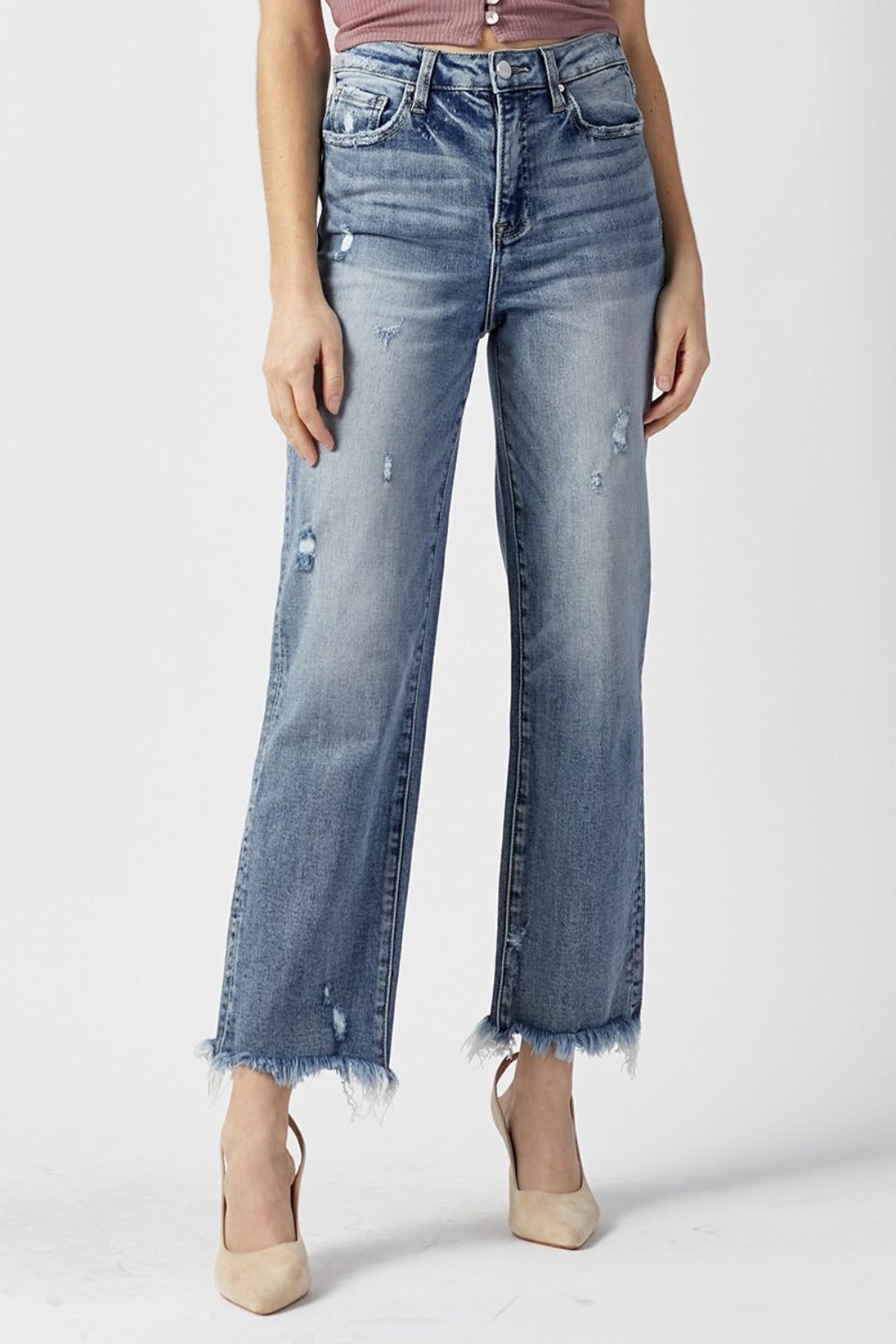 RISEN High Waist Raw Hem Straight Jeans - Charming Charlie