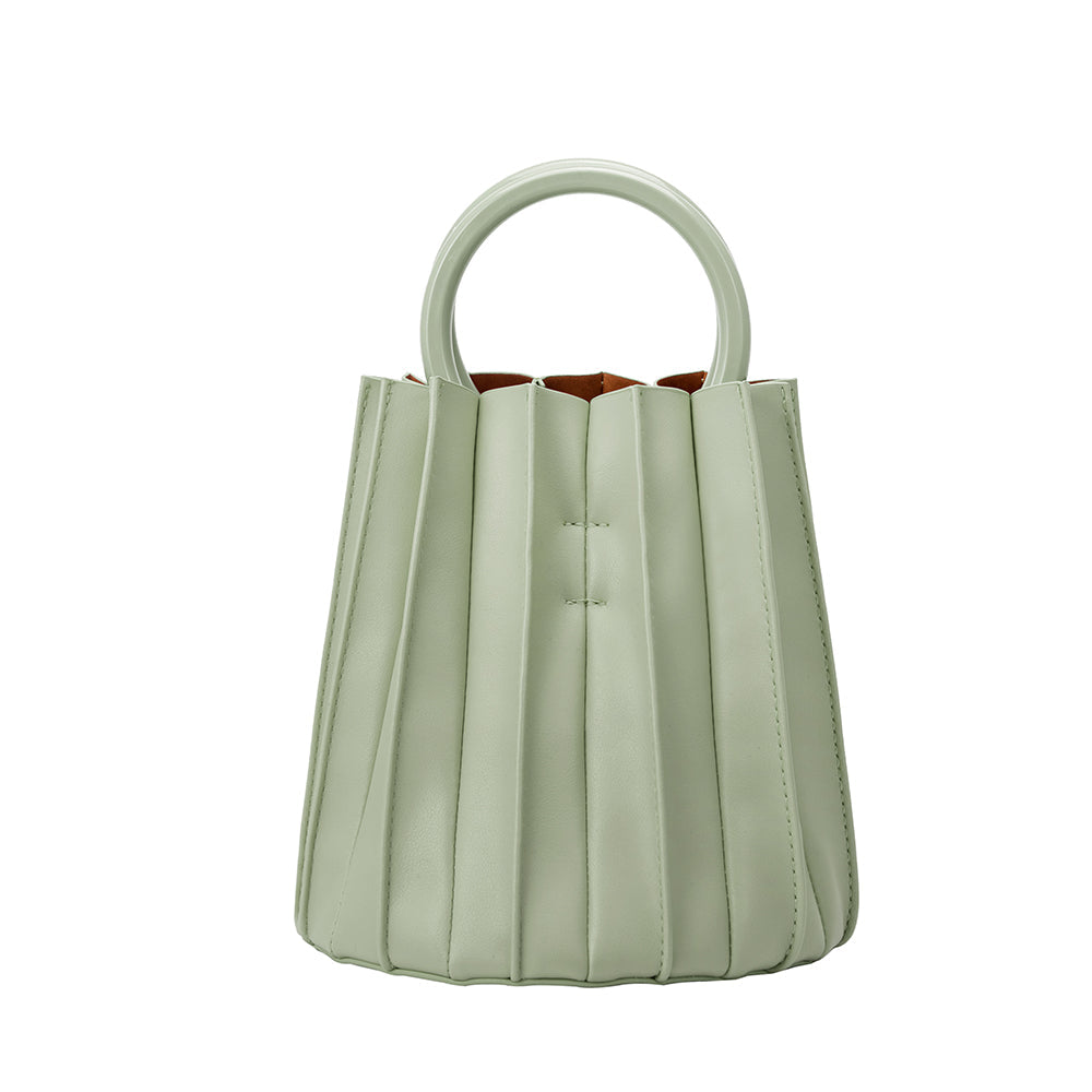 A small mint accordion pleated drawstring top handle bag.