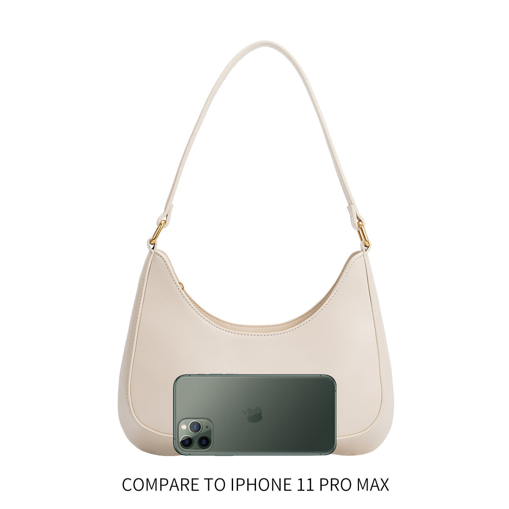 An iphone 11 pro size comparison image for a small recycled vegan leather shoulder bag.