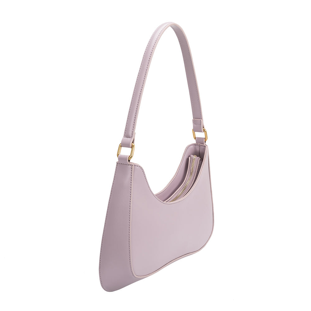 A small lilac recycled vegan leather shoulder bag.
