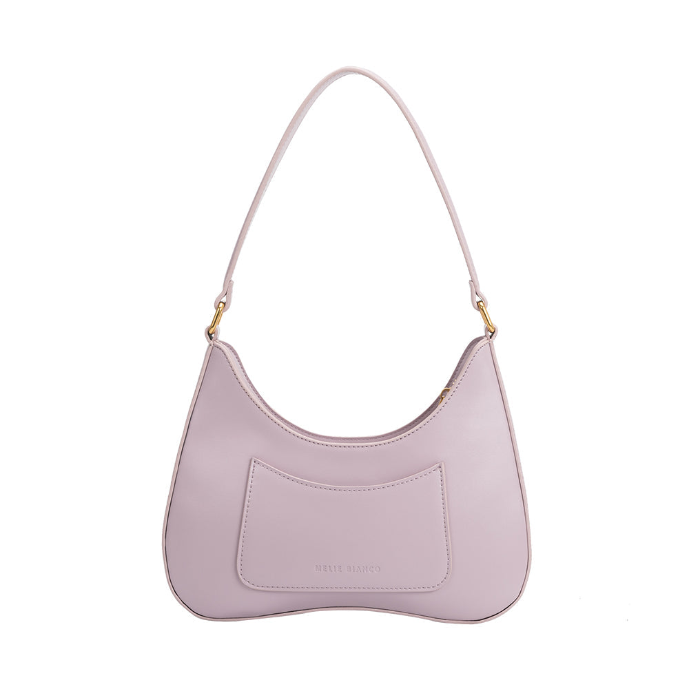 A small lilac recycled vegan leather shoulder bag.