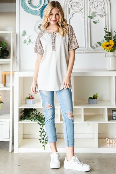 Heimish Full Size Animal Print Half Button Short Sleeve Top - Charming Charlie