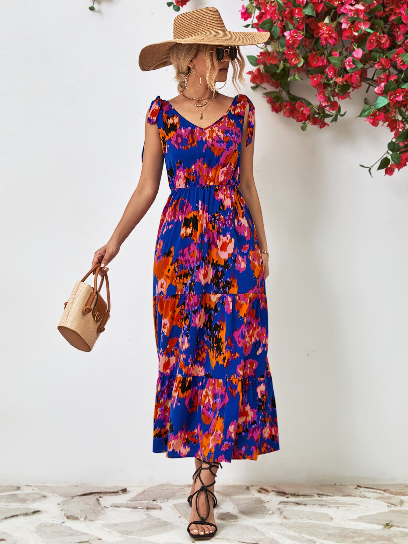 Multicolored V-Neck Backless Midi Dress Navy / S Multicolored V-Neck Backless Midi Dress Navy / S