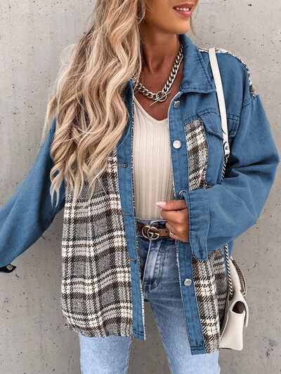 Plaid Button Up Dropped Shoulder Jacket - Charming Charlie